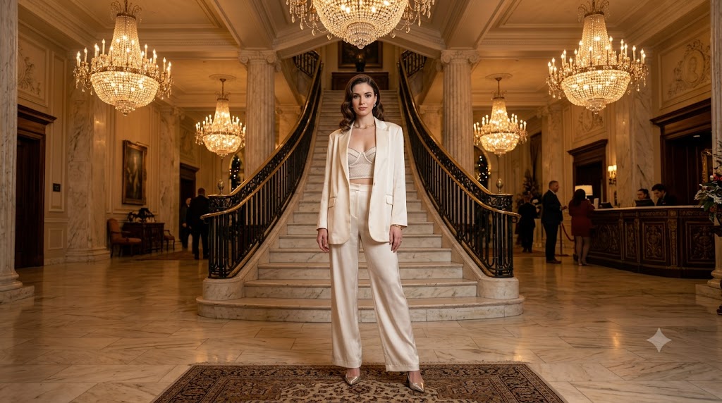 Rhinestone Bustier Top & Cream Silk Pantsuit